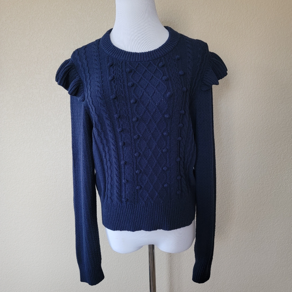 Nwt Veronica Beard Earl Crew Neck Cable Sweater In Navy, Size L